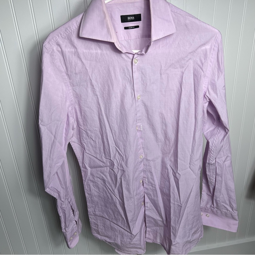 Boss Hugo boss sharp fit lavender long sleeves button down dress shirt size 15 - Picture 5 of 10